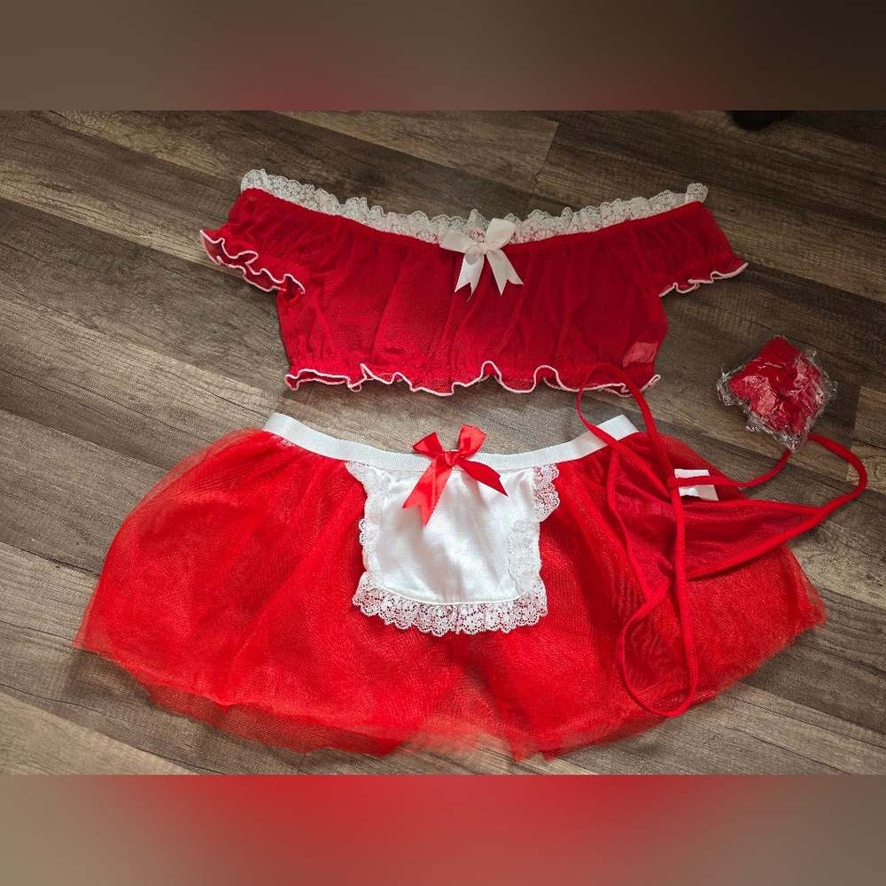 New Lingerie Maid Cosplay Red and White Lace Trim Costume 5 Piece Set Witchy - Picture 4 of 11